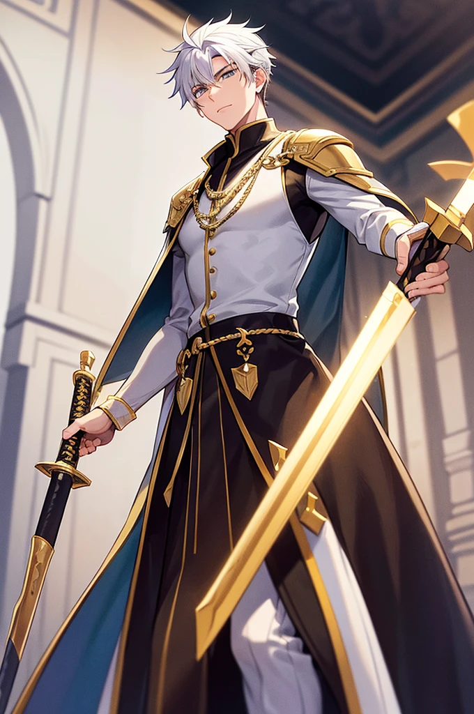 A man in his 20's with gold eyes. He is wearing adventurer armor that is white with gold accents. His weapon is a katana that has gold energy flowing from it. The setting is a marble throne room with multiple thrones in it. He has white hair with gold accents that is short to medium length and slicked back. He is standing posing with his katana.