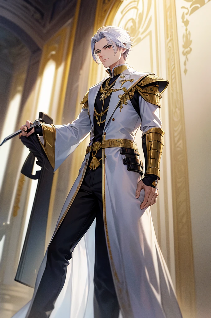 A man in his 20's with gold eyes. He is wearing adventurer armor that is white with gold accents. His weapon is a katana that has gold energy flowing from it. The setting is a marble throne room with multiple thrones in it. He has white hair with gold accents that is short to medium length and slicked back. He is standing posing with his katana.