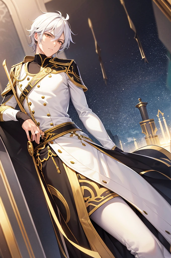 A man in his 20's with gold eyes. He is wearing adventurer armor that is white with gold accents. His weapon is a katana that has gold energy flowing from it. The setting is a marble throne room with multiple thrones in it. He has white hair with gold accents that is short to medium length and slicked back. He is standing posing with his katana.