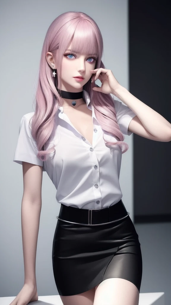 wax statue of a pretty female agent, prettiest facial features, making an elegant gesture, FBMP model pose, barefoot standing on a display base in a dark museum, (masterpiece, best quality, 1girl, solo, intricate details, chromatic aberration), (realistic),(skin), ((breath)),(pink hair,blunt bangs),detailed hair, red head ornament, blue highlights, hair over one eye,purple eyes, earrings, sharp eyes, choker,((white shirt short sleeve)),((black pencil short skirt)),((symmetry eyes)),((perfect symmetrical body)),(pureerosface_v1:0.3), night,(((natural light))),backlighting,against grey wall, dim lighting ,look at viewer,((centered shot, from front,(face and waist))),