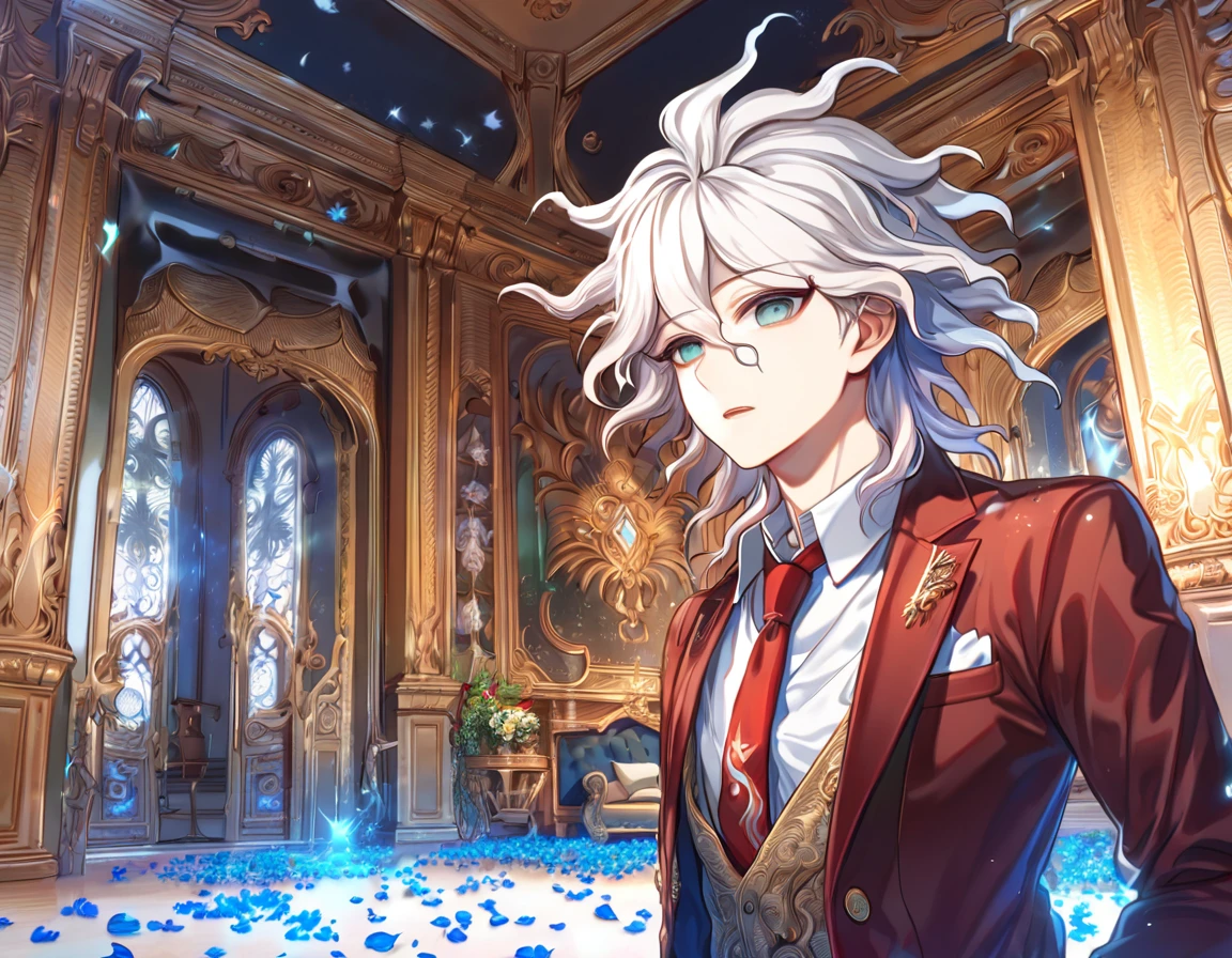 absurdres, highres, ultra detailed, HDR, master piece, Komaeda Nagito, white hair, expressive gray-green eyes, brown-red blazer, red tie, white shirt, Danganronpa, sexy man, room, handsome, best quality, flowers, fantasy, magical, solo, blue shining fireflies, blue petals, sensual