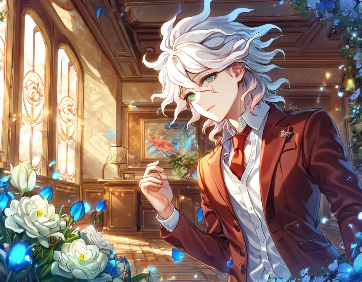 absurdres, highres, ultra detailed, HDR, master piece, Komaeda Nagito, white hair, expressive gray-green eyes, brown-red blazer, red tie, white shirt, Danganronpa, sexy man, room, handsome, best quality, flowers, fantasy, magical, solo, blue shining fireflies, blue petals, sensual