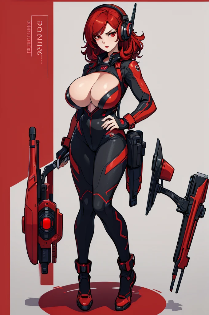 (masterpiece, best quality, high resolution,)a beautiful woman,((huge breasts)),,very short and tousled red hair,,,red eyes,,red lips, plug-in suit, full body red and black pilot suit serious, black and red interface headphones,((white background,)), ((full body standing)),
