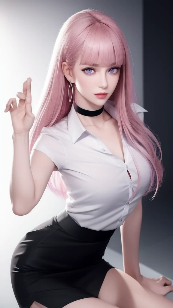 wax statue of a pretty female agent, prettiest facial features, making an elegant gesture, FBMP model pose, barefoot standing on a display base in a dark museum, (masterpiece, best quality, 1girl, solo, intricate details, chromatic aberration), (realistic),(skin), ((breath)),(pink hair,blunt bangs),detailed hair, red head ornament, blue highlights, hair over one eye,purple eyes, earrings, sharp eyes, choker,((white shirt short sleeve)),((black pencil short skirt)),((symmetry eyes)),((perfect symmetrical body)),(pureerosface_v1:0.3), night,(((natural light))),backlighting,against grey wall, dim lighting ,look at viewer,((centered shot, from front,(face and waist))),