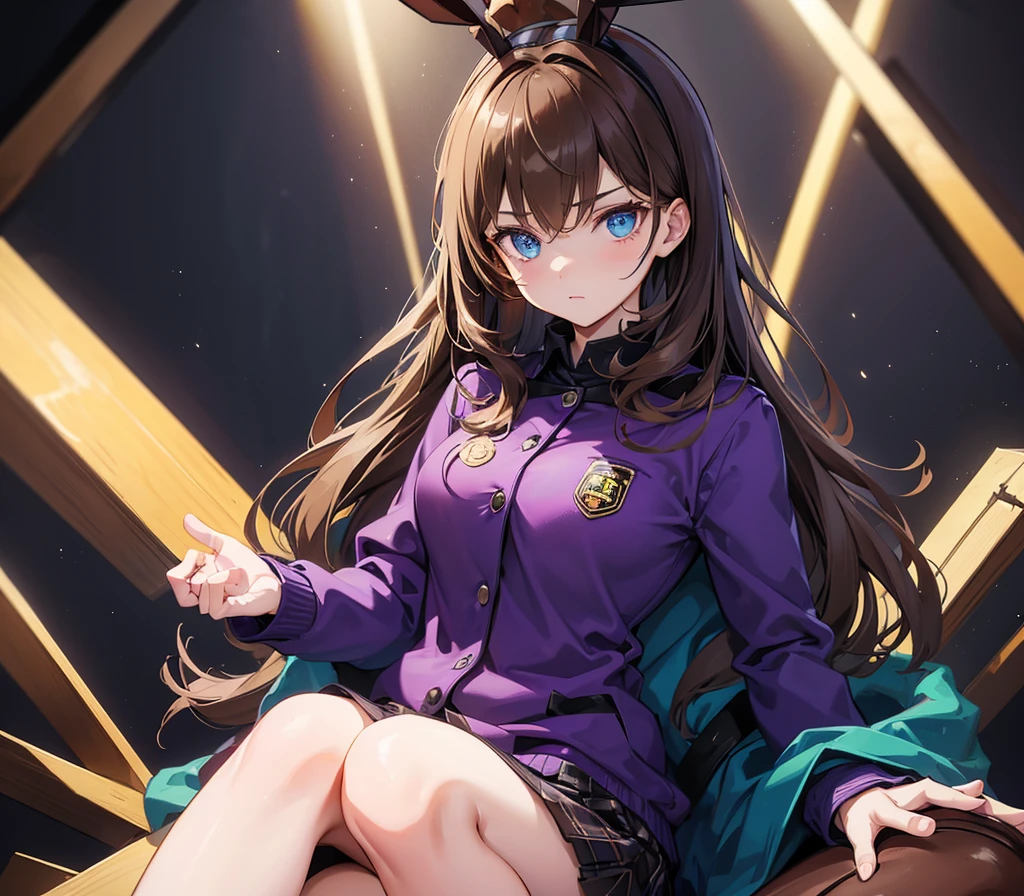 a girl with brown hair, green eyes, wearing purple clothes, with a Freddy Fazbear badge, sitting on a man's lap, the man wearing the same uniform, with blue eyes and brown hair, in the Five Nights at Freddy's office, detailed face, highly detailed, 8k, masterpiece, cinematic lighting, dramatic lighting, dramatic shadows, cinematic atmosphere, vibrant colors