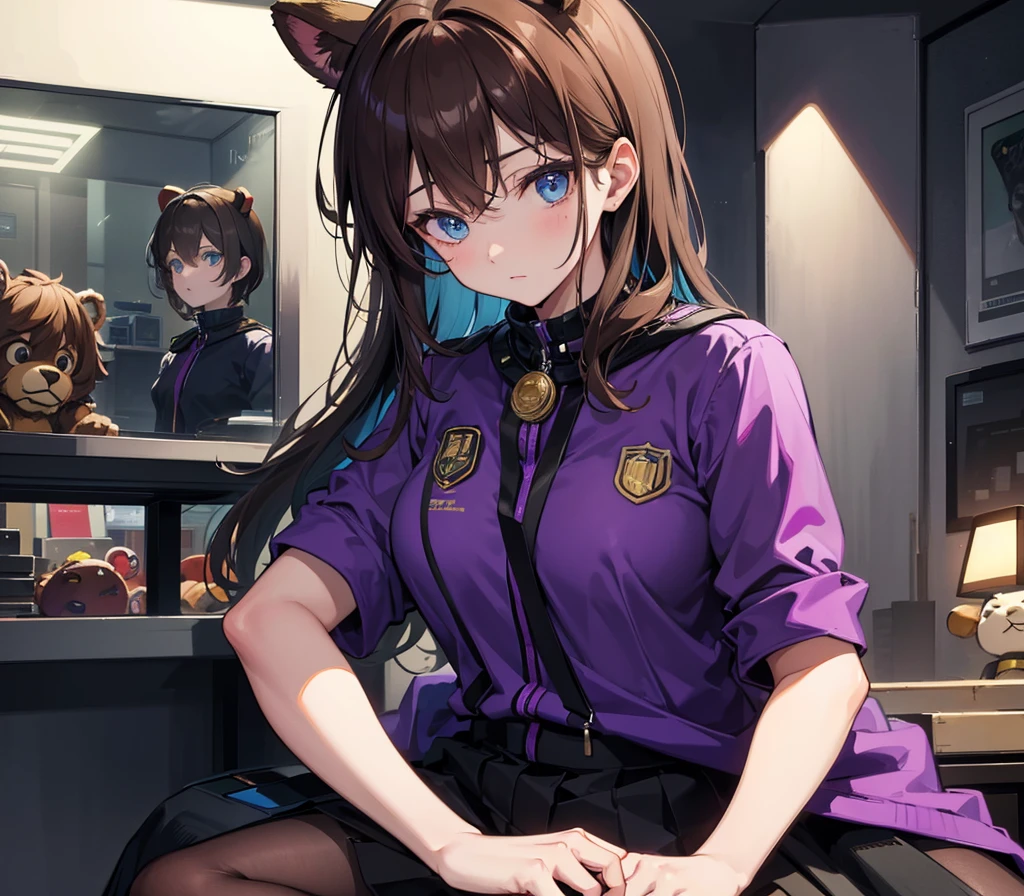 a girl with brown hair, green eyes, wearing purple clothes, with a Freddy Fazbear badge, sitting on a man's lap, the man wearing the same uniform, with blue eyes and brown hair, in the Five Nights at Freddy's office, detailed face, highly detailed, 8k, masterpiece, cinematic lighting, dramatic lighting, dramatic shadows, cinematic atmosphere, vibrant colors