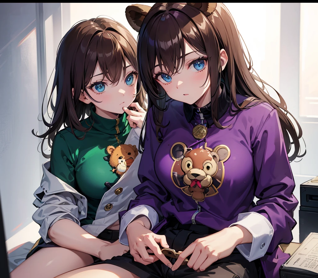 a girl with brown hair, green eyes, wearing purple clothes, with a Freddy Fazbear badge, sitting on a man's lap, the man wearing the same uniform, with blue eyes and brown hair, in the Five Nights at Freddy's office, detailed face, highly detailed, 8k, masterpiece, cinematic lighting, dramatic lighting, dramatic shadows, cinematic atmosphere, vibrant colors