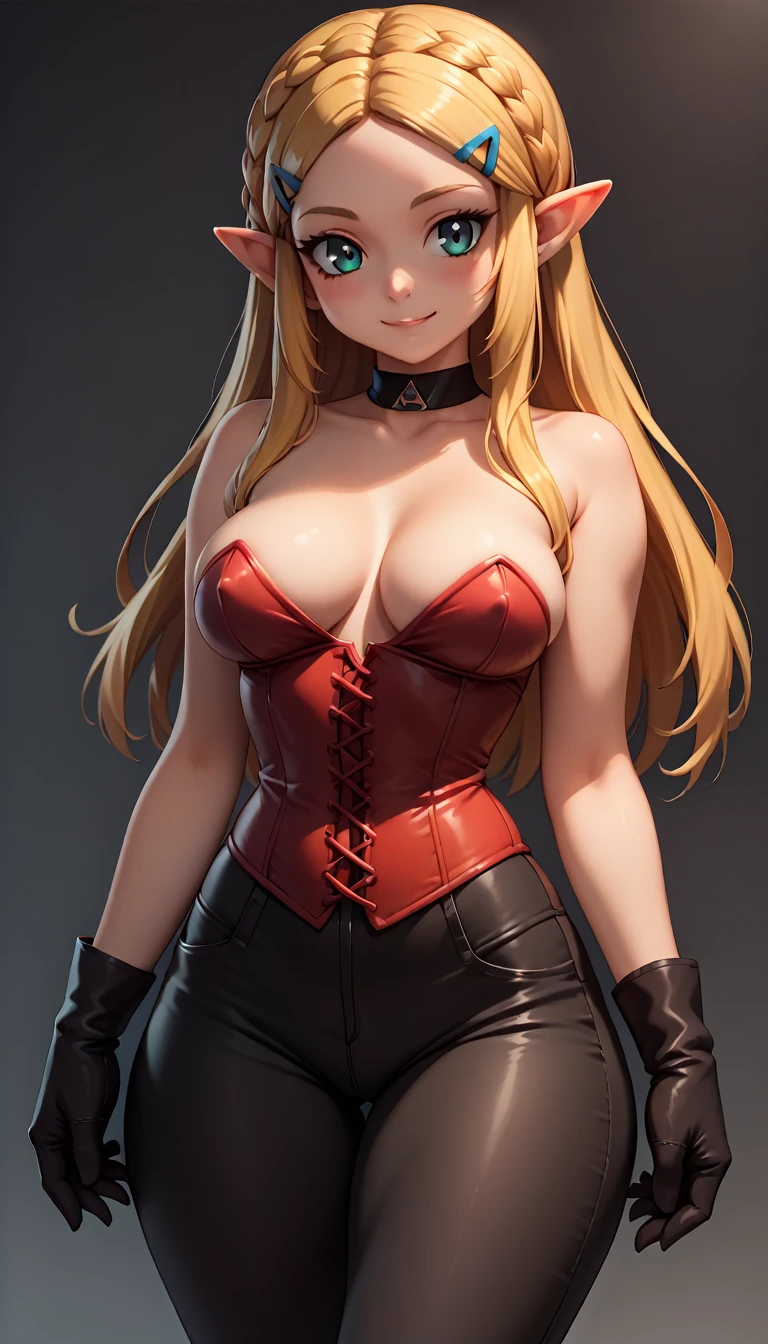High resolution, Very detailed, perfect lighting, beautiful detailed eyes, ((masterpiece,Best Quality)), absurdities, alone, princess zelda, by the width, crown braid, Hair clip, pointy ears, Red corset, Gloves without fingers, black gloves, Black pants, tight pants, smile, curves, nod, , deep neckline, deep neckline, bare breasts, bare breasts, NSFW, visible nipples, visible nipples, Red corset