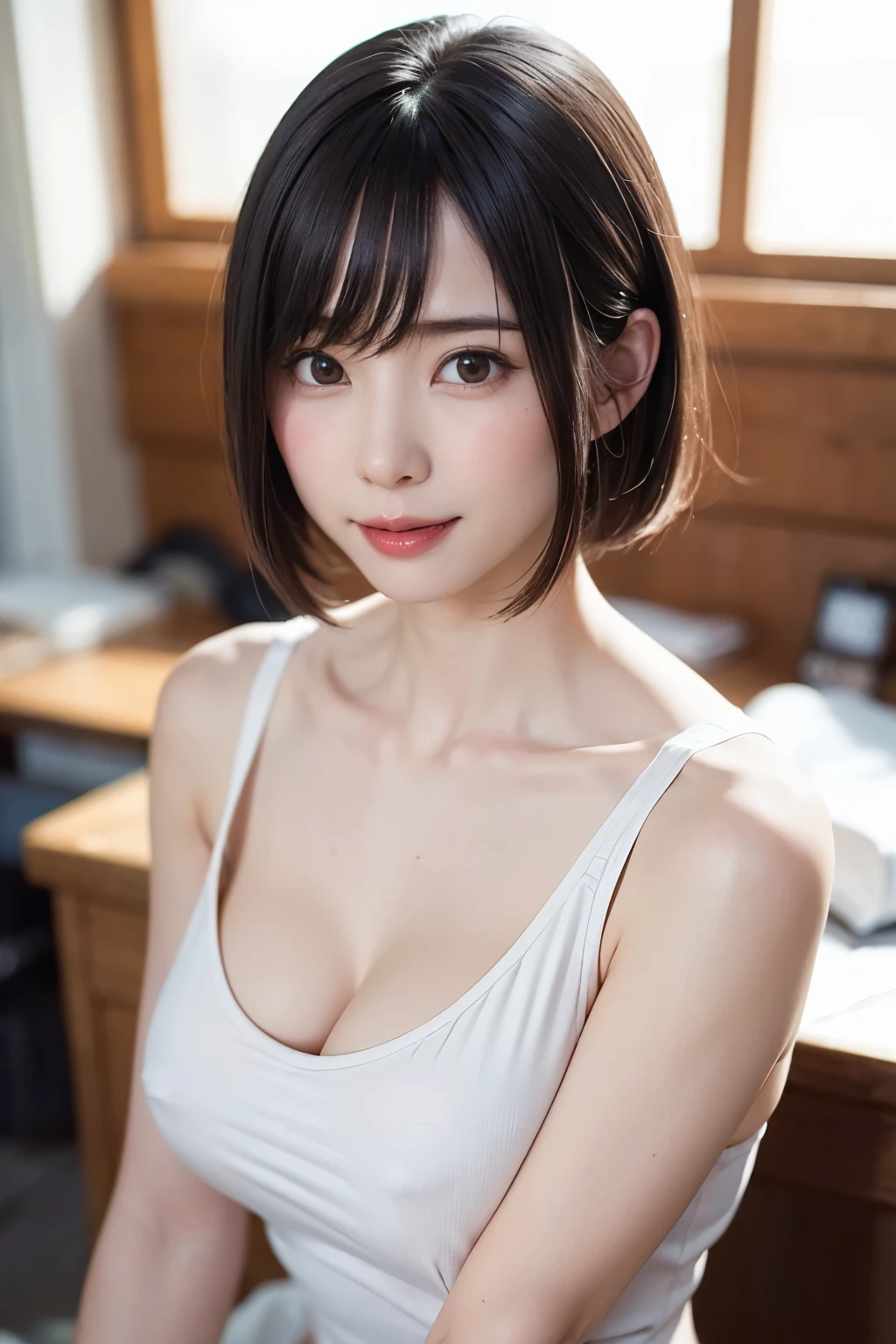 (masterpiece, Highest quality),One Girl, alone, hyper Realistic, Realistic,Realistic, Looking at the audience, Light brown eyes:1.4,Brunette Short Bob Hair with highly detailed shiny hair, Brightly colored winter clothes, Lepangas:1.4), Plein Air, Mouth closed, Upper Body、big chest eye、eyelash、{Hugeな|big chest|Hugeなな|Mega} chest:2, chestの谷間:2、{Huge|big|Hugeな|Mega} chest, chestの谷間、(((big chest eye、Short Bob Hair、Student Highlights、Gazing at the audience、She is very beautiful and cute、Listen carefully、Long neck、smile、Close your mouth and smile、Bangs and beautiful teeth、Perfect Anatomy)))、Ideal body type、（Snowy tree-lined road in winter in Norway）、美しいLong neck:1.4、