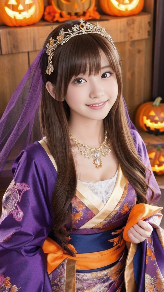 (upper body photo,a 16 year old japanese girl, detailed cutie face, beautiful detailed eyes,detailed dropped eyes, beautiful charming smile, extremely detailed face, cute, anime style, halloween party:2.0), colorful lights, pumpkin decorations, haunted house, fog, spooky atmosphere, (best quality, 4k, highres, masterpiece:1.2), realistic, photorealistic, photo-realistic, vivid colors, intricate details, fantasy, soft lighting, magical