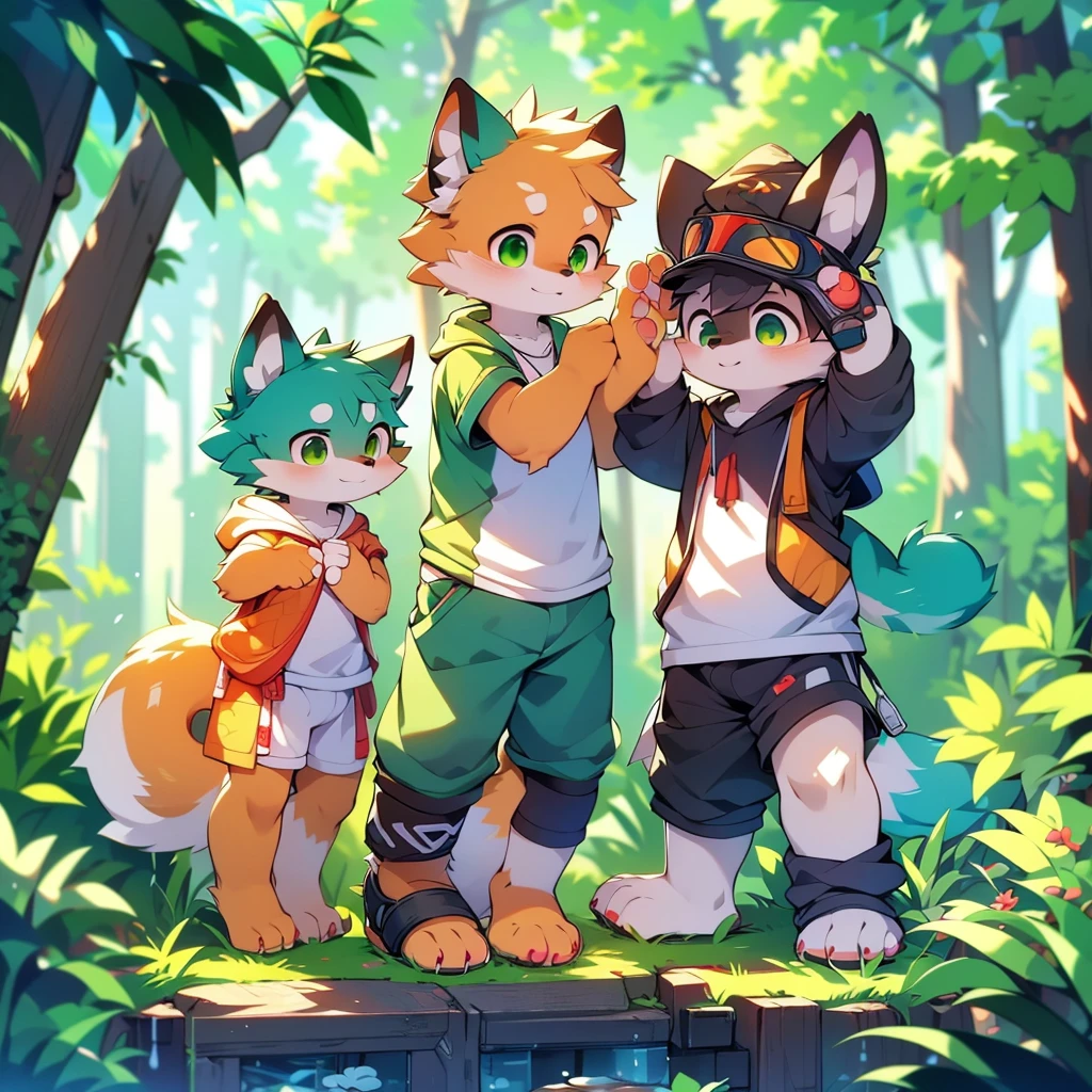 Furry,Fox,boy,8k resolution,最High resolution, High resolution,Wearing a hoodie,Green Eyes,summer,Stand up on your own two feet,Two legs,Five fingers of the hand,5 toes,expensive,:expensive stature,fit,Moderate,standard,Green fur,penis
