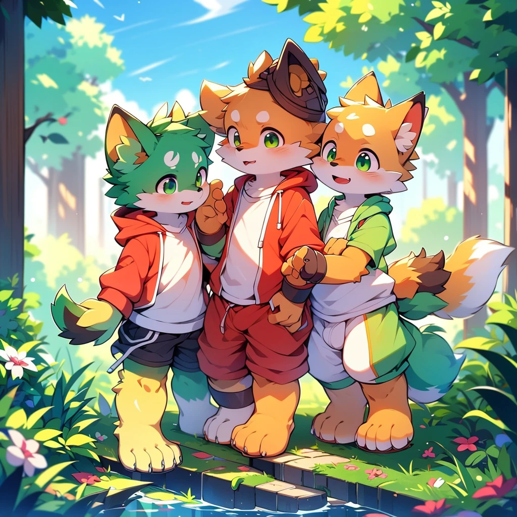 Furry,Fox,boy,8k resolution,最High resolution,                   High resolution,Wearing a hoodie,Green Eyes,summer,Stand up on your own two feet,Two legs,Five fingers of the hand,5 toes,expensive,：expensive stature,fit,Moderate,standard,Green fur,Two friends,Showing off,nsfw,penis