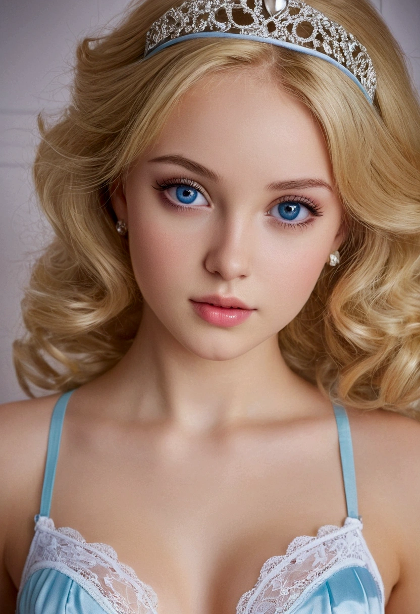 masterpiece, beautiful  in lingerie, Full body shot, high quality, a girl with a beautiful European face, very fine and thin eyebrows, Amazing detailed eyes, blue eyes, big ones, realistic eyes, well detailed pupil, royal eye, pale transparent skin, White skin, clean skin, WITHOUT IMPERFECTIONS, incredible detailed face, blonde girl, blush, blushing, Enchanting, Beautiful, masterpiece, Looks like a beautiful blonde doll, is an angel, radiosity, Enchanting detallada, innocent face, naive face, sexy lingerie, hourglass body shape, senos redondos big ones y firmes. ,photo of perfecteyes eyes.
