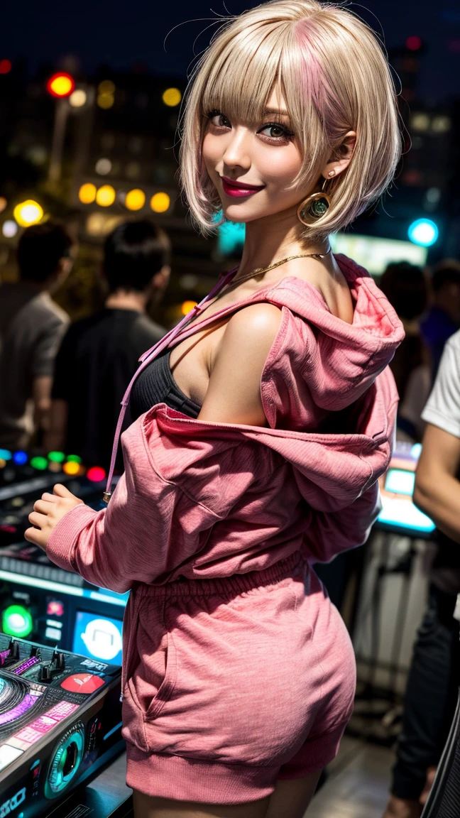 Highest quality, Tabletop, Ultra-high resolution, (Realistic:1.4), (Japanese Idols),RAW Photos, One Girl, night,Detailed skin,nightclub,Disco,(blonde:1.2), (Pink inner hair:1.3),Glossy Lips,smile,21 years old,Beautiful and beautiful eyes,eye shadow,Diamond jewellery,Earrings,Gold Jewelry,(hoodie:1.3),,(Shoulder strengthening:1.2),A well-trained body,(Pixie Cut),Round face,(playing music as a DJ:1.5),  (DJ:1.2) Vibrant performances (Music Festival:1.2) and (Lively crowd:1.1) and (Colorful stage lighting:1.1), (Back view:1.5 ),Back view,A slightly distant composition,(back of head)