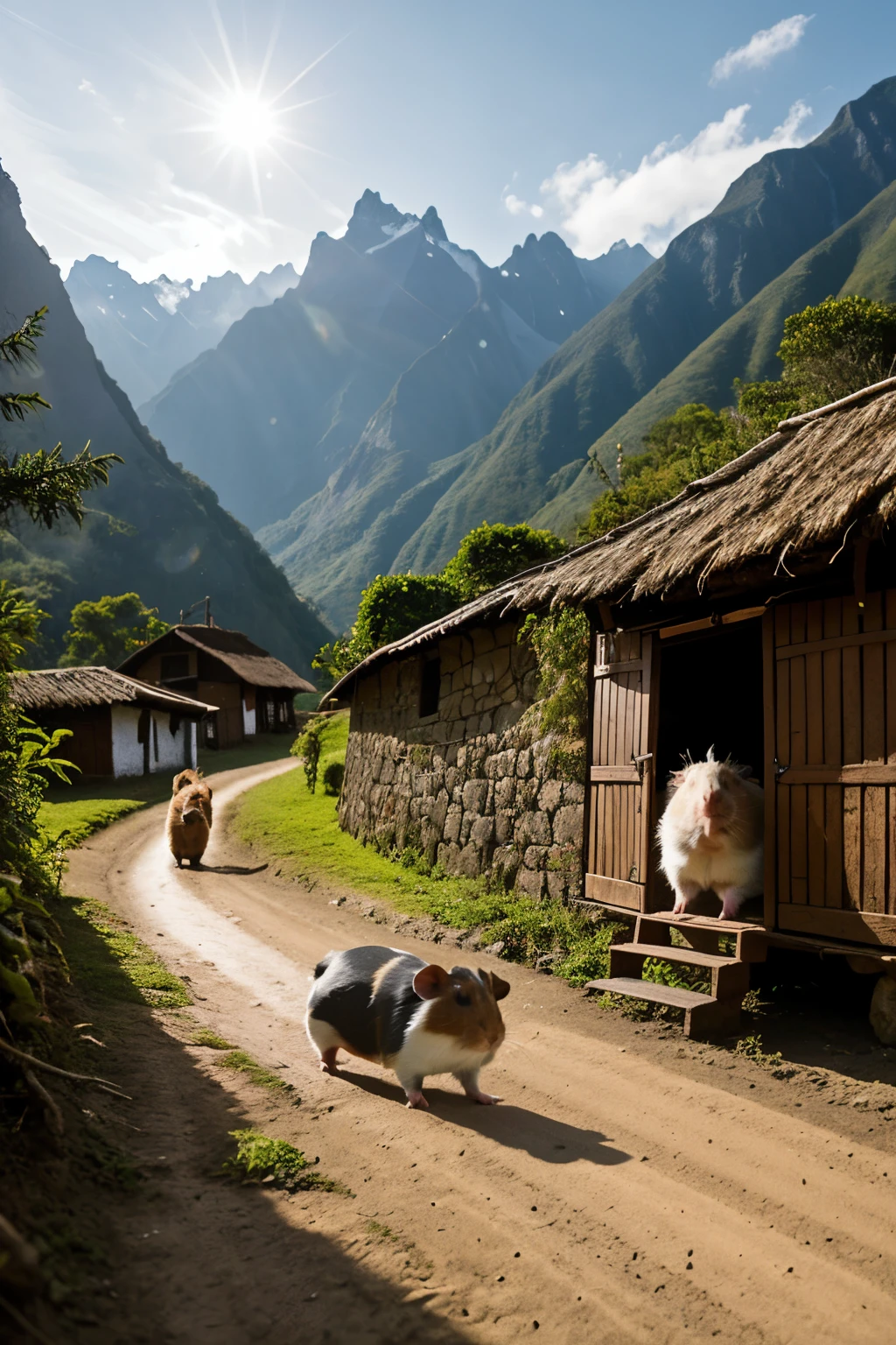Create an image of a guinea pig leaving the house of some peasants in the Peruvian mountains accompanied by a rat secretly at night that are only the rat and the guinea pig and that they do not go out to a track but rather go out to a forest but let it be night and that the rat is next to him and that it has a fable-type design





