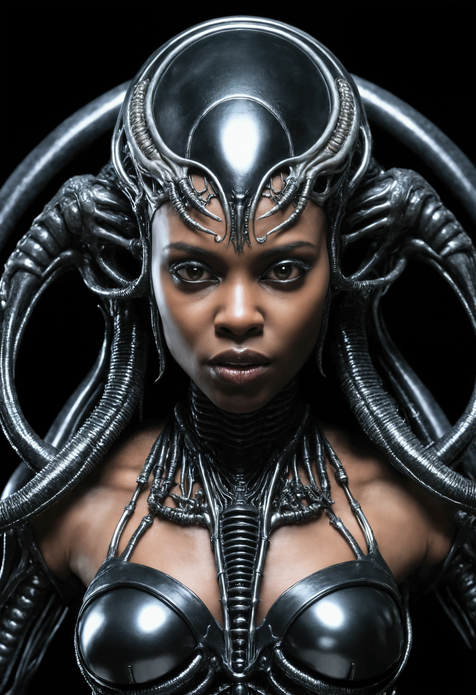 ((best quality)), ((masterpiece)), (detailed), western shot from front, 1 female Alien H.R.Giger inspired, exoskeletton, black skin, beautieful face, dangerous, looking to camera