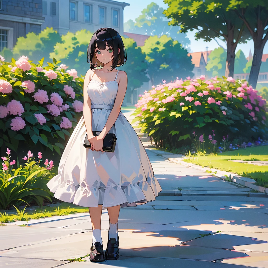 (high quality, High resolution, Very detailed, reality:1.37), Peaceful atmosphere, (Outdoor, garden), Teenage girl standing alone, (my breasts are big.), Beautiful details, Cute Smile, (Black bob hair), White camisole dress, White socks, loafers.