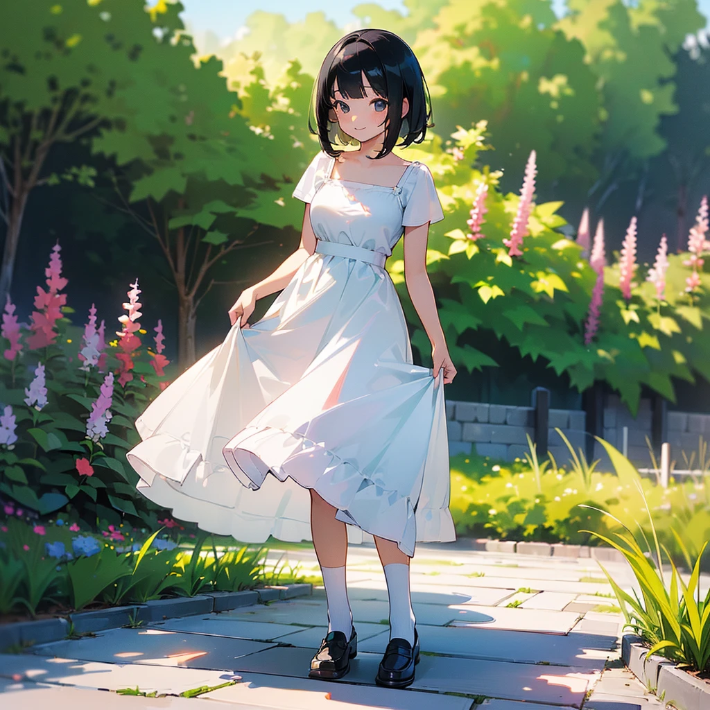 (high quality, High resolution, Very detailed, reality:1.37), Peaceful atmosphere, (Outdoor, garden),  girl standing alone, (my breasts are big.), Beautiful details, Cute Smile, (Black bob hair), White camisole dress, White socks, loafers.