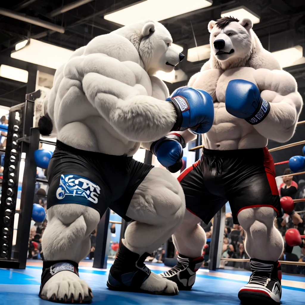 a highly muscular, shirtless polar bear with a huge, bulky physique, wearing only light blue MMA fighting shorts, fingerless gloves, and MMA footwear, performing intense kickboxing training at the gym, 1 male, high quality, highly detailed, short hair, wide pectorals, correct anatomy, photorealistic