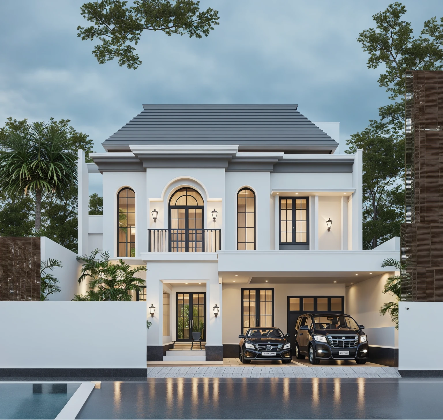 PLATFORM KTHOUSE, 1 morden villa,1large yard, 1 road runs in front of the house, (RAW photo, real, best quality, masterpiece:1.2), look morden minimalist, 1 road in front of the house, dynamic lighting:1.3, (hyper realistic, photo-realistic:1.2), high quality, (dark lighting:1.2), perfect lighting, archdaily, no human, light at 12 noon, light in door:1.2