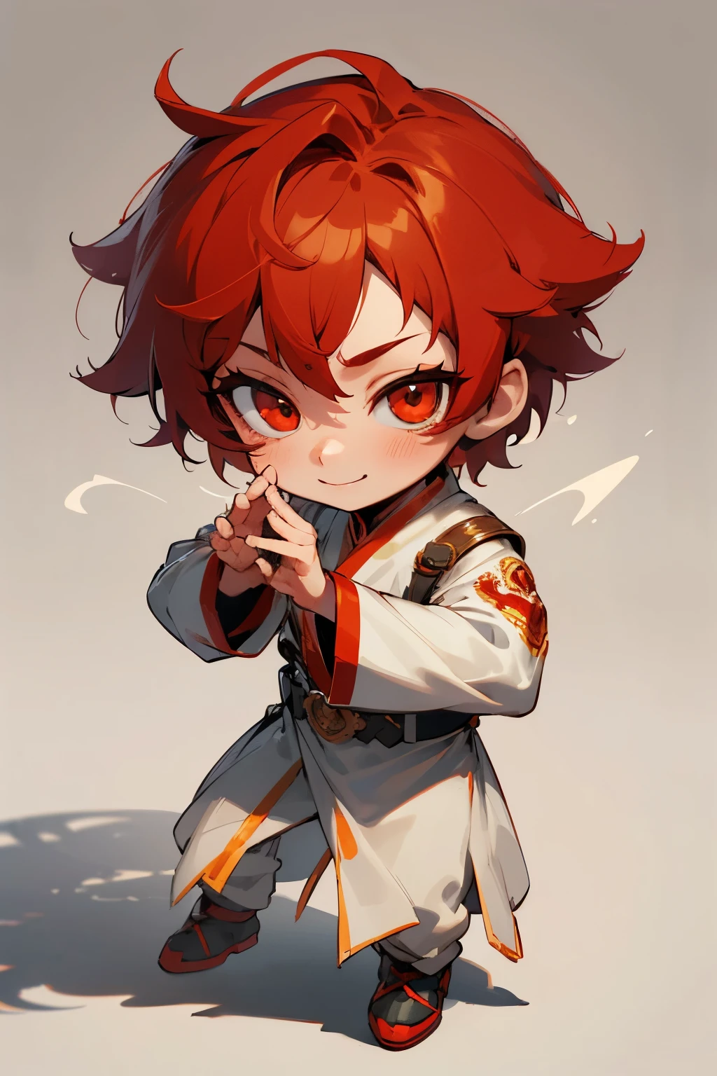 boy, full body, smile, thanks pose, cartoon style, chibi style, cute, beautiful face, red color eye, beautiful eye, high detailed pupil, double eyelid, high detailed skin, high quality skin, red color hair, white clothes, professional lighting, real shadow, masterpiece,