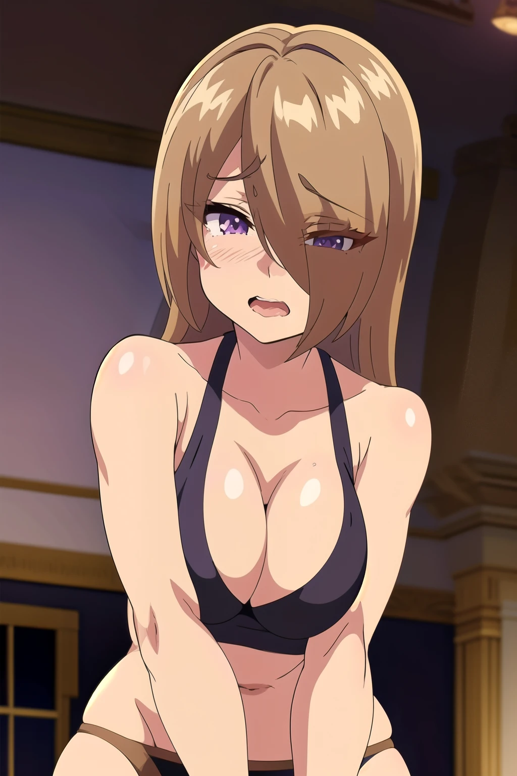 masterpiece,best quality,1girl,breasts,long wavy hair,brown hair,light brown hair,purple eyes,hair over one eye,1girl,purple eyes, hair over one eye, bangs disheveled strand hair, mature, ahegao_face, sports bra, thong, bedroom, boobjob, paizuri,