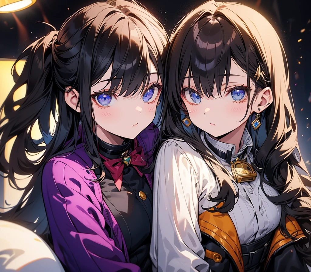 a girl with brown hair, green eyes, wearing purple clothes, with a Freddy Fazbear badge, sitting on a man's lap, the man wearing the same uniform, with blue eyes and brown hair, in the Five Nights at Freddy's office, detailed face, highly detailed, 8k, masterpiece, cinematic lighting, dramatic lighting, dramatic shadows, cinematic atmosphere, vibrant colors