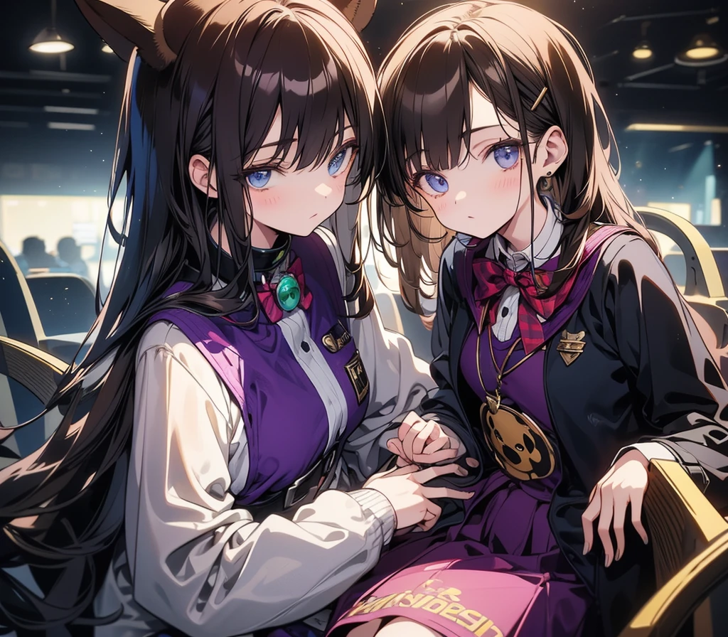 a girl with brown hair, green eyes, wearing purple clothes, with a Freddy Fazbear badge, sitting on a man's lap, the man wearing the same uniform, with blue eyes and brown hair, in the Five Nights at Freddy's office, detailed face, highly detailed, 8k, masterpiece, cinematic lighting, dramatic lighting, dramatic shadows, cinematic atmosphere, vibrant colors