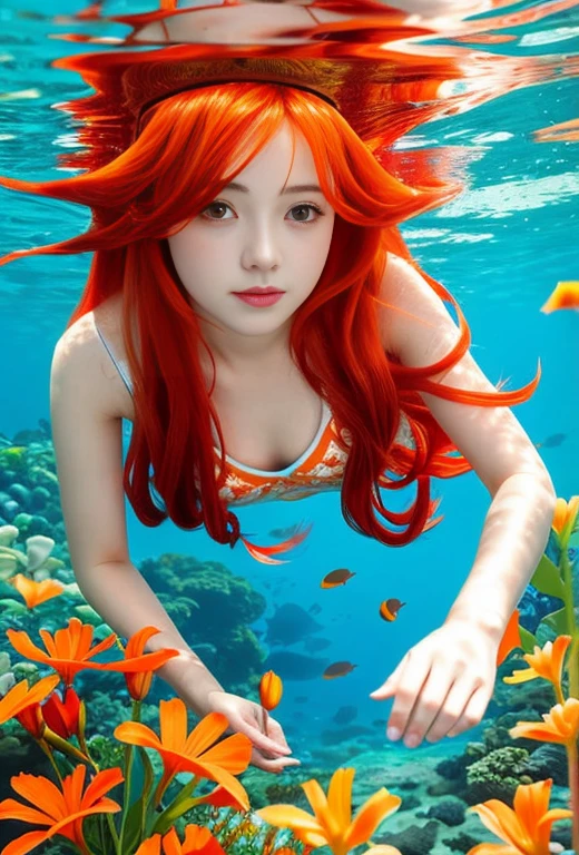 girl underwater, very long flowing red hair, Angel Wings, Orange and white lilies