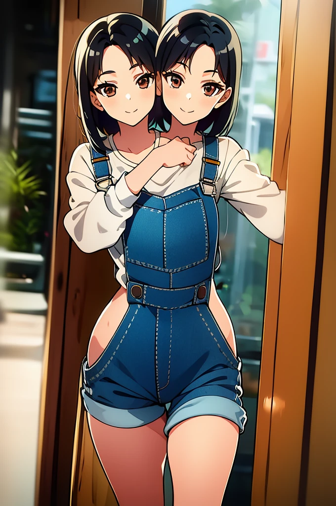 (NSFW:1.3), masterpiece, (realistic, photo realistic:1.2), ((highest quality), extremely fine and beautiful, beautiful face details, real human skin, realistic, photorealistic, 2girls, very cute, Short stature, smile on face, cow-boy shot, Hair braided. School swimsuit, tiny breasts, Naughty thighs, wind