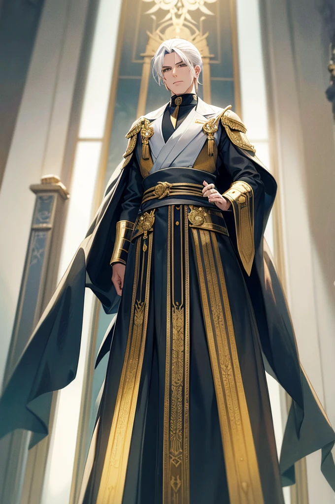 A man in his 20's with gold eyes. He is wearing adventurer armor that is white with gold accents. His weapon is a katana that has gold energy flowing from it. The setting is a marble throne room with multiple thrones in it. He has white hair with gold accents that is short to medium length and slicked back. He is standing posing with his katana.