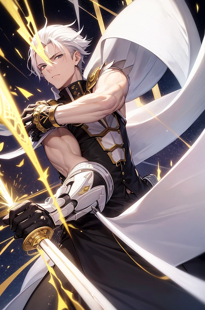 A man in his 20's with gold eyes. He is wearing adventurer armor that is white with gold accents. His weapon is a katana that has gold energy flowing from it. The setting is a marble throne room with multiple thrones in it. He has white hair with gold accents that is short to medium length and slicked back. He is standing posing with his katana.