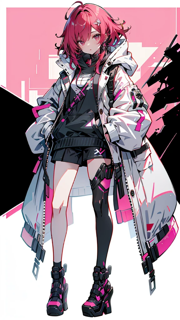 1 girl with red hair, pink eyes, cyberpunk style, hand in pocket, hoodie, pink starry background, black high heels