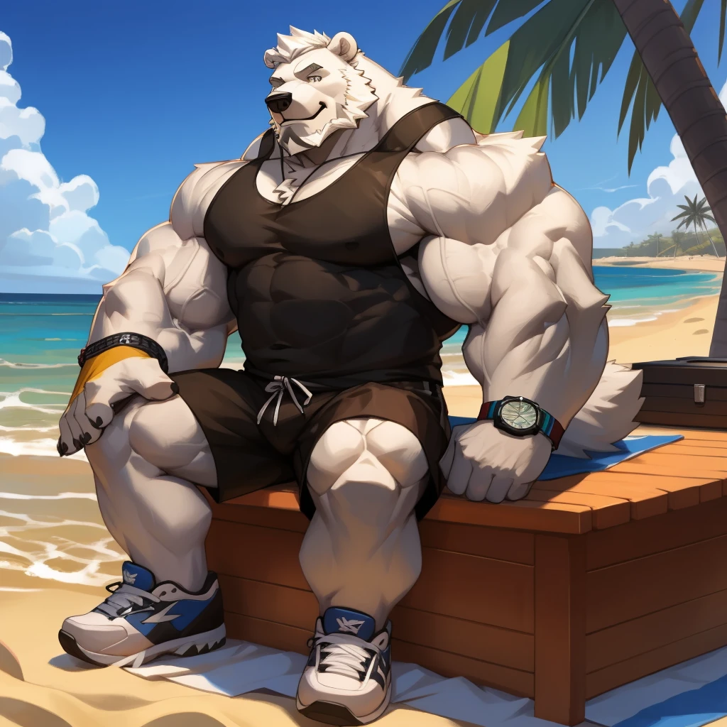 huge muscular polar bear in L.A. beach, big smile, polar bear, huge white fur, thick arm, huge arm, bearded. white hair and beard, bearded, (muscular, pectoral, wide pectoral, thick arms), beach, palm, realistic, 8k, masterpiece, deatiled eyes, (wearing black shorts, wristband, watch, blue tank top and white shoes), sit-ups