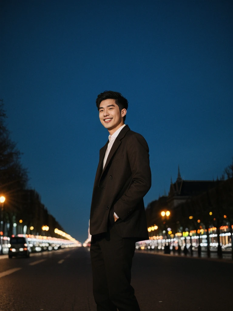 His name is Pat, a model, high quality, 1guy, ((25-year-old fit Asian man, Thai)), ((25 years old)), ((BODY TYPE: MUSCULAR)), ((dark brown COLORED Hair)), smiling, pose: standing, wearing Well-dressed ULTRA MODERN Generation-Z modern wear bright colored, BACKGROUND: "Walking along the illuminated Champs-Élysées with the Arc de Triomphe in the distance and the city lights twinkling." 