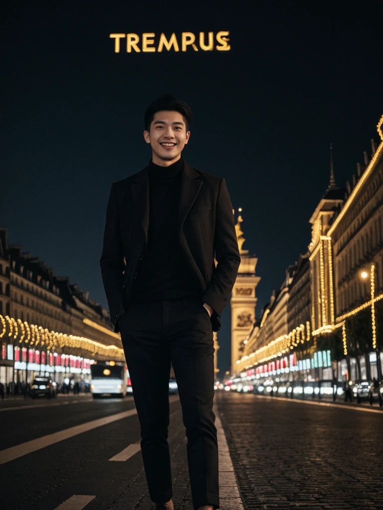 His name is Pat, a model, high quality, 1guy, ((25-year-old fit Asian man, Thai)), ((25 years old)), ((BODY TYPE: MUSCULAR)), ((dark brown COLORED Hair)), smiling, pose: standing, wearing Well-dressed ULTRA MODERN Generation-Z modern wear bright colored, BACKGROUND: "Walking along the illuminated Champs-Élysées with the Arc de Triomphe in the distance and the city lights twinkling."