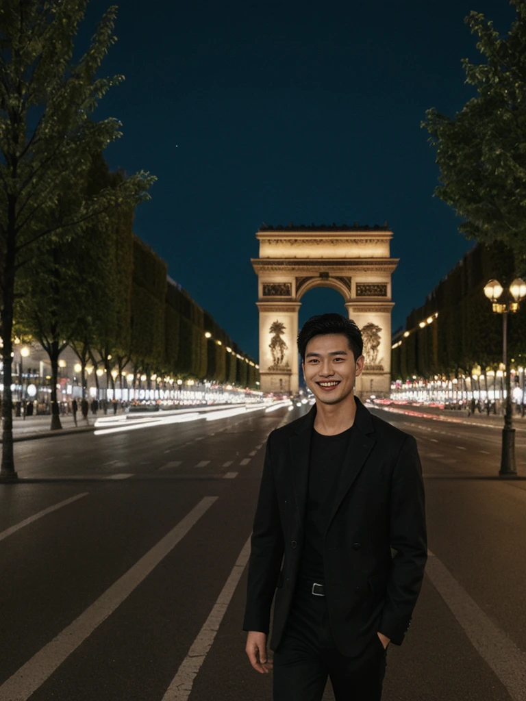 His name is Pat, a model, high quality, 1guy, ((25-year-old fit Asian man, Thai)), ((25 years old)), ((BODY TYPE: MUSCULAR)), ((dark brown COLORED Hair)), smiling, pose: standing, wearing Well-dressed ULTRA MODERN Generation-Z modern wear bright colored, BACKGROUND: "Walking along the illuminated Champs-Élysées with the Arc de Triomphe in the distance and the city lights twinkling." 