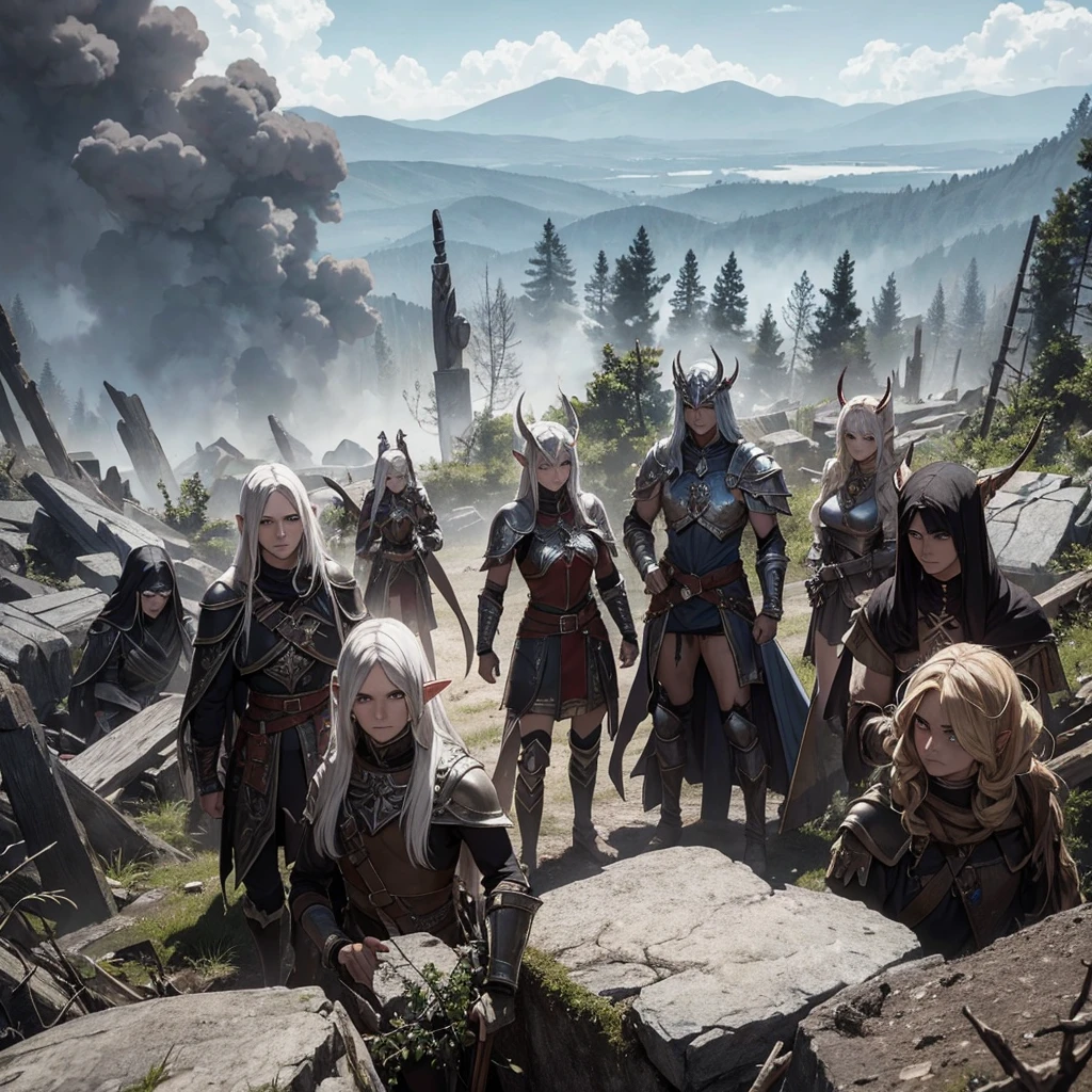"devastated battlefield, with elves facing dark elves. Several bodies of elves and dark elves scattered across the ground, with broken weapons and damaged shields around. The scenery is bleak, with a cloudy and gray sky, destroyed trees and smoke rising from the flames in the background. Details of elaborate elven armor, contrasting with the dark and rustic armor of the dark elves. Expressions of determination and despair on the faces of the surviving warriors, while the battle still echoes in the distance."