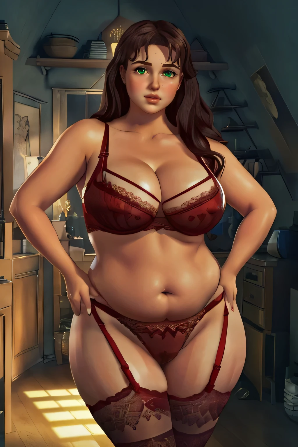 ((masterpiece)), ((photorealistic)), ((8k wallpaper)) , ((best quality)), ((perfect quality)), solo, girl, (olgadmtr), (brown hair), very young, pose : (standing, arm on belly), face : ((the most beautiful face), (20 years old), (embarrassed), (plump face), (plump cheeks), (very young), European, (very beautiful face), (green eyes), young). figure : (very full figure, (huge breasts), curvy, (fat rolls), (plump), (back rolls), (chubby), (very chubby), (big deep navel),(very chubby belly), (very chubby belly bottom), (belly bulge), love handles, muffin top, (very soft), very thick, (very fat ass), (round ass), sexy, sexy pose, (thunder thighs), (very fat thighs)). clothes: ((tight red lingerie)), ((ripped lingerie)), ((lingerie don't cover her ass at all)), (lingerie is too small)