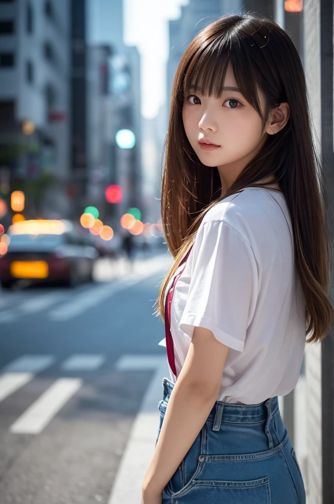 Depicting a beautiful Japanese girl in a night scene。A hazy night view spreads in the background.、The colorful bokeh creates a fantastic atmosphere.。The beautiful girl has long blonde hair、Wear a thin, light-transmitting shirt。The shirt is bordered with bright neon lines.、It accentuates her silhouette。He wears shorts under his shirt、Gives an overall cool and stylish impression。

Posing is natural、She is leaning forward a little but still looking straight into the camera.。Her expression is a little mysterious、Combined with the blurred light in the background, it creates a fantastic atmosphere.。

As a photographic technique、Use a large aperture to blur the background light.、The focus is on the beautiful girl in the foreground。Also、Captures light reflections and shadows in detail、Expressing realistic textures。The overall color tone is a beautiful contrast between the warm light and the cool background.、The vertical composition emphasizes its beauty.。Ultra-realistic live-action、The result is like a scene from a movie.。
