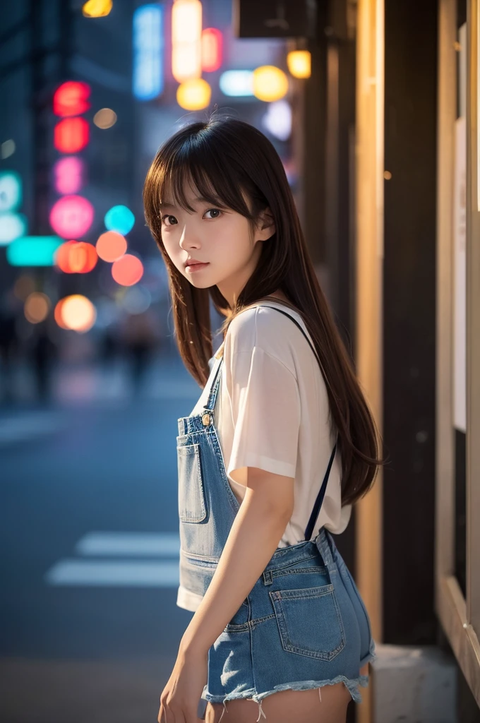 Depicting a beautiful Japanese girl in a night scene。A hazy night view spreads in the background.、The colorful bokeh creates a fantastic atmosphere.。The beautiful girl has long blonde hair、Wear a thin, light-transmitting shirt。The shirt is bordered with bright neon lines.、It accentuates her silhouette。He wears shorts under his shirt、Gives an overall cool and stylish impression。

Posing is natural、She is leaning forward a little but still looking straight into the camera.。Her expression is a little mysterious、Combined with the blurred light in the background, it creates a fantastic atmosphere.。

As a photographic technique、Use a large aperture to blur the background light.、The focus is on the beautiful girl in the foreground。Also、Captures light reflections and shadows in detail、Expressing realistic textures。The overall color tone is a beautiful contrast between the warm light and the cool background.、The vertical composition emphasizes its beauty.。Ultra-realistic live-action、The result is like a scene from a movie.。
