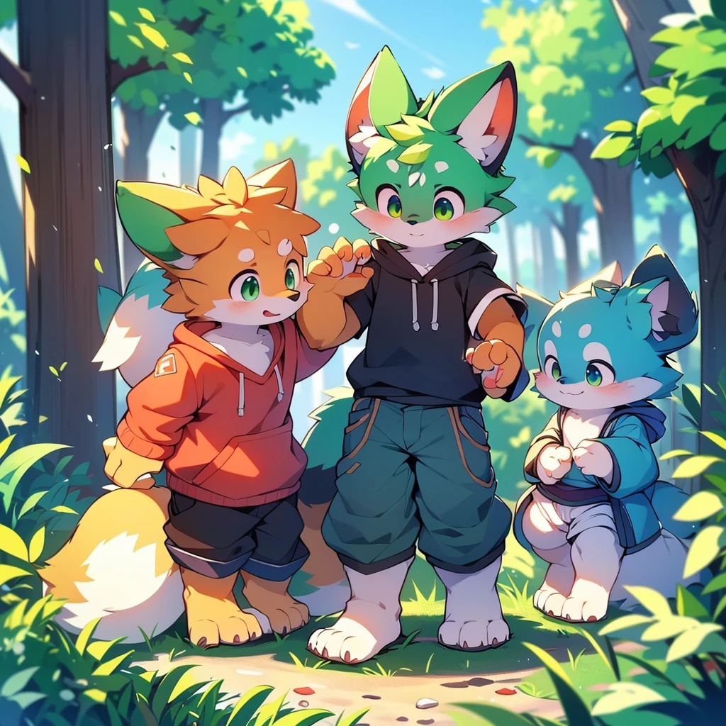 Furry,Fox,boy,8k resolution,最High resolution, High resolution,Wearing a hoodie,Green Eyes,summer,Stand up on your own two feet,Two legs,Five fingers of the hand,5 toes,expensive,:expensive stature,fit,Moderate,standard,Green fur,My pants are bulging