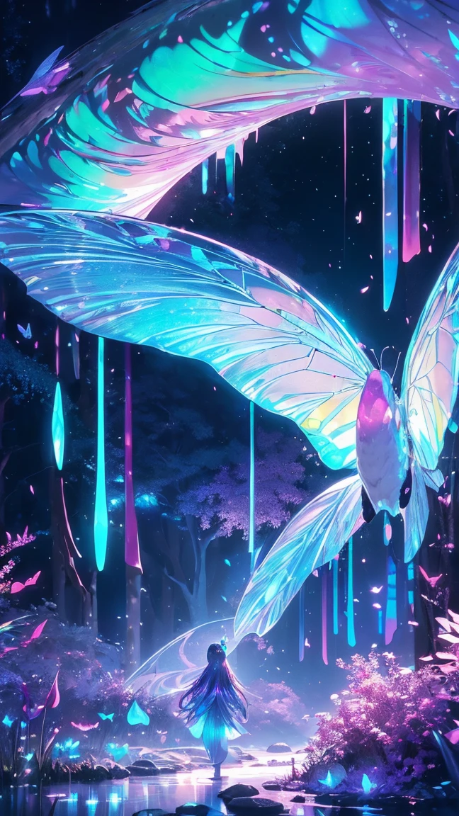 Enchanted mystical forest, neon-colored butterflies, pure blue water river spring, golden mini fairies, glowing mushrooms releasing pollen, extremely beautiful landscape, (ultra-realistic), {extremely detailed 8k CG unit wallpaper}, expansive landscape photography, (a low view that prioritizes the entire scene, (wide open field view), (low angle shot), (high light: 1.5), (low light: 1.0), (warm light source: 1.0), complex details, (iridescent colors: 1.5), (bright lighting), (atmospheric lighting), nature, magical, landscape