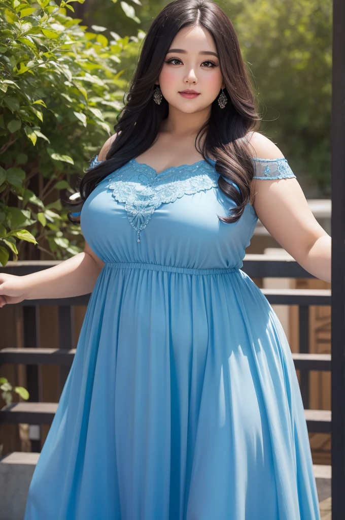A chubby beautiful woman in long blue dress