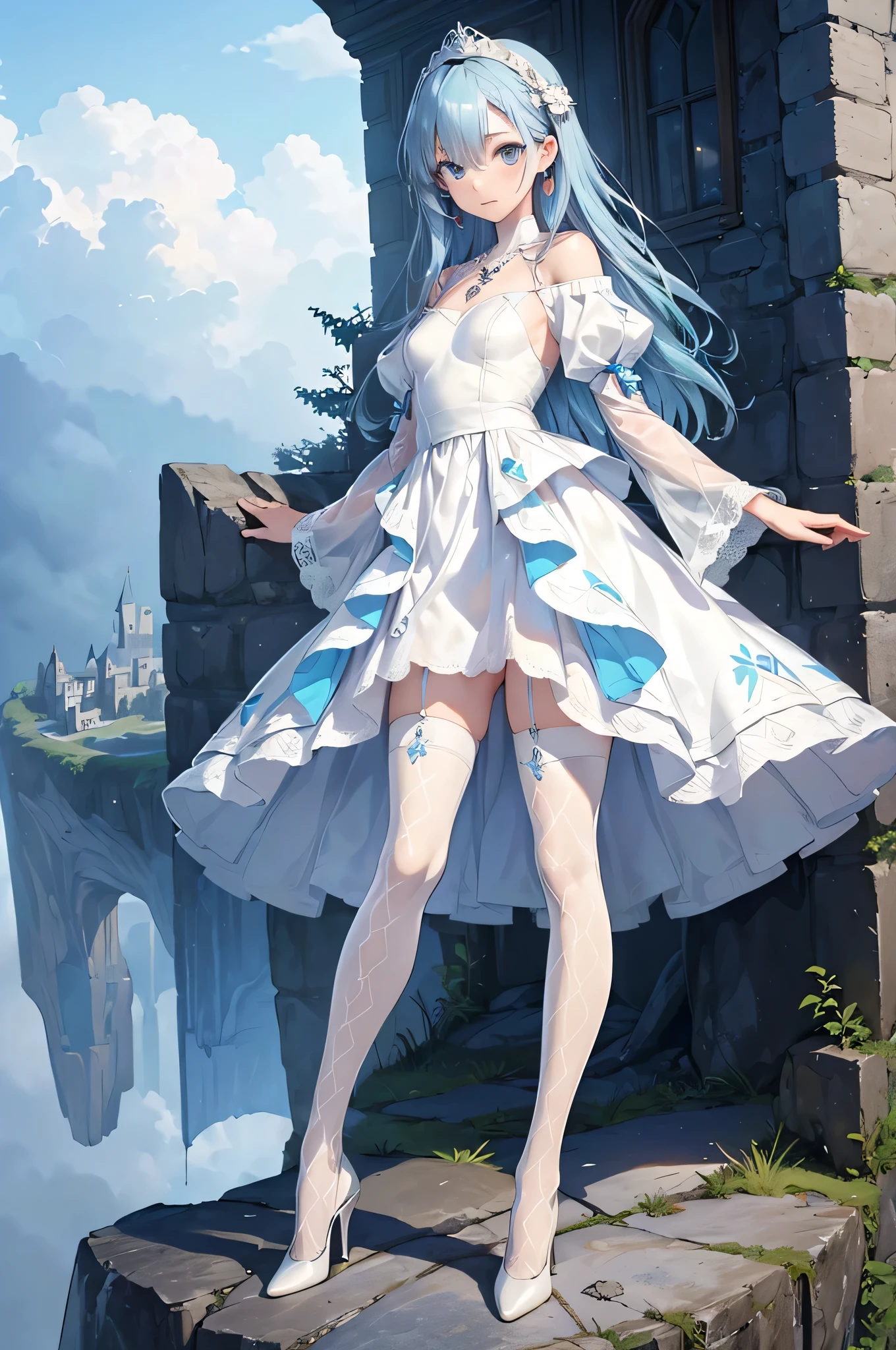 ((Biologically correct limb count)),(( From head to toe,Full-body photo including face)),4K,((Stand at the edge of the screen)),masterpiece,((Focus on the face)),((Symmetrical facial features)),Beautiful woman,Slender Style,Detailed depiction of the face,Small earrings,necklace,(White dress((High heels,Patterned stockings))),((Looking down the cliff from the castle in the sky)),Silk long gloves,(((blue blonde))),Realistic photo,Clouds all around