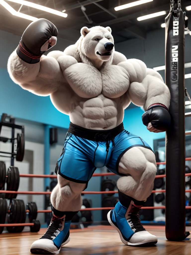 Solo, 1boy, a highly muscular, shirtless polar bear with a huge, bulky physique, wearing only light blue MMA fighting shorts, fingerless gloves, and MMA footwear, performing intense kickboxing training at the gym, 1 male, high quality, highly detailed, short hair, wide pectorals, correct anatomy, photorealistic