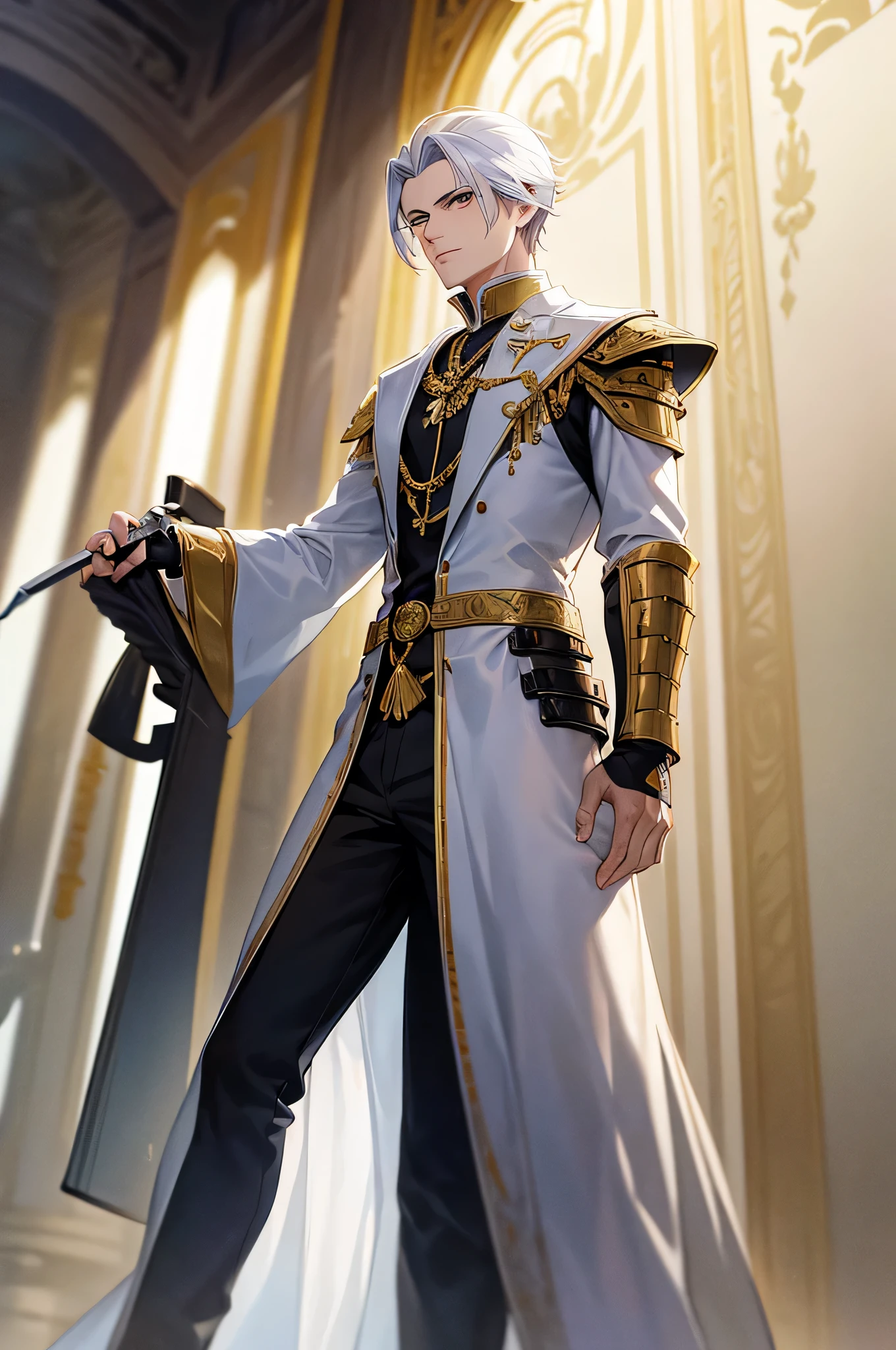 A man in his 20's with gold eyes. He is wearing adventurer armor that is white with gold accents. His weapon is a katana that has gold energy flowing from it. The setting is a marble throne room with multiple thrones in it. He has white hair with gold accents that is short to medium length and slicked back. He is standing posing with his katana.