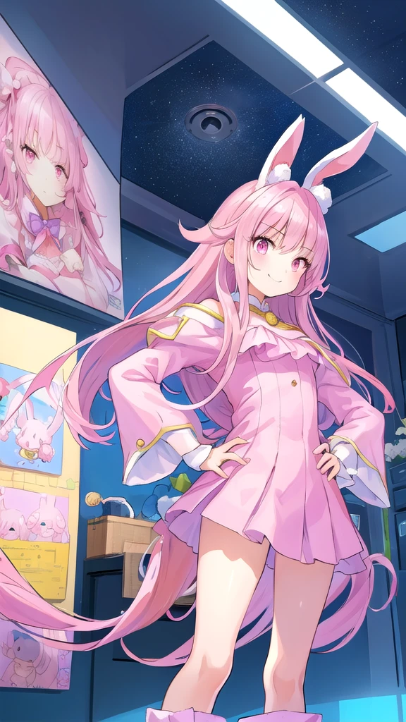 ((masterpiece))、(((Highest quality)))、((Super detailed))、((An illustration))、Attention to detail、Highly detailed CG unity 8k、High resolution、美しいAttention to detail目、Attention to detail、美しいAttention to detail目,美しいAn illustration,  pretty girl,12 years old, Bedroom, pastel colour, (Fluffy bunny ears), Bright lighting,Pink Eyes,(((Long pink hair))),smile,(((Hands on hips))),