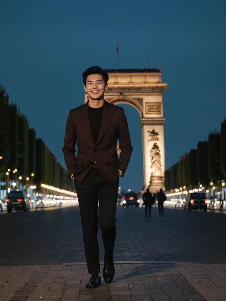 His name is Pat, a model, high quality, 1guy, ((25-year-old fit Asian man, Thai)), ((25 years old)), ((BODY TYPE: MUSCULAR)), ((dark brown COLORED Hair)), smiling, pose: standing, wearing Well-dressed ULTRA MODERN Generation-Z modern wear bright colored, BACKGROUND: "Walking along the illuminated Champs-Élysées with the Arc de Triomphe in the distance and the city lights twinkling."