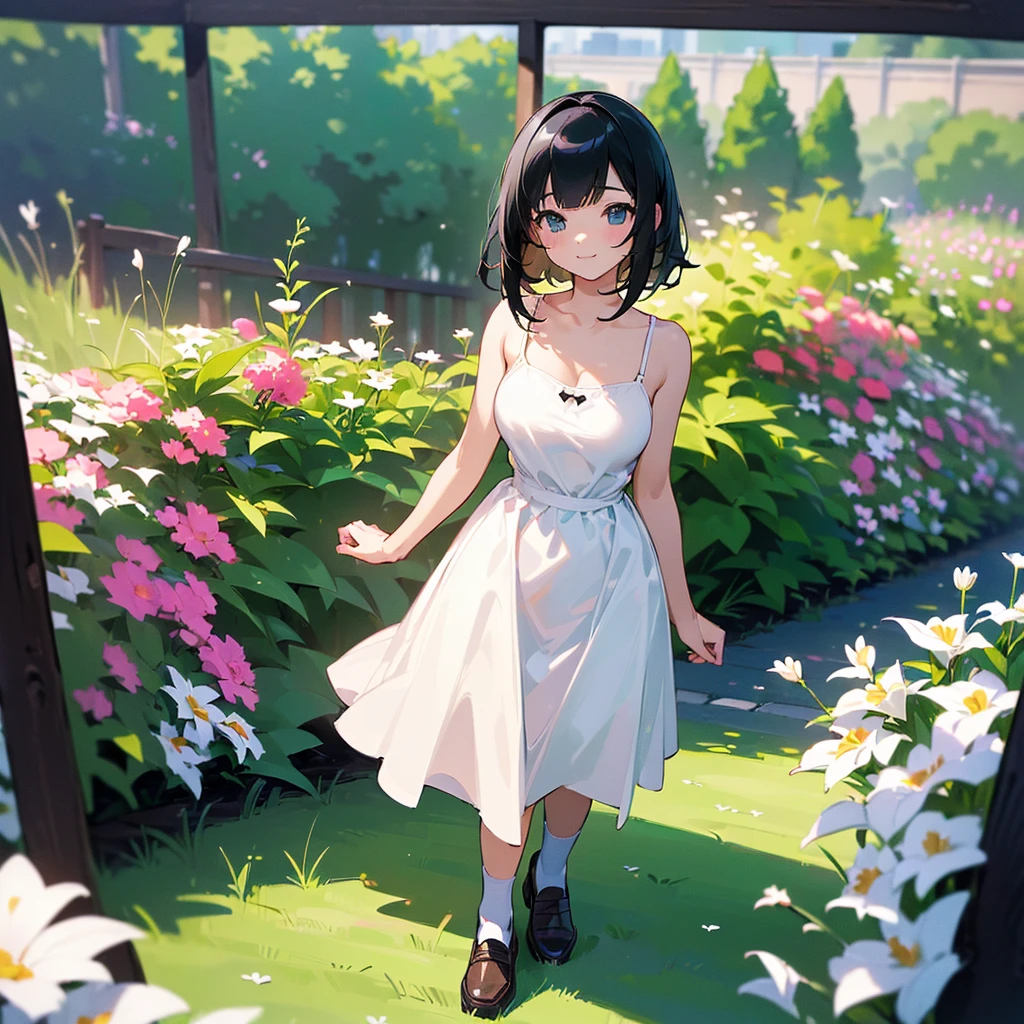 (high quality, High resolution, Very detailed, reality:1.37), Peaceful atmosphere, (Outdoor, garden), Teenage girl standing alone, (my breasts are big.), Beautiful details, Cute Smile, (Black bob hair), White camisole dress, White socks, loafers.